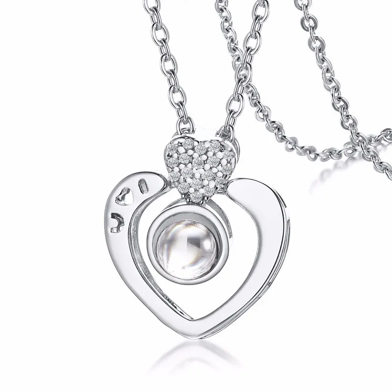 silver tone Ожерелье с сердечком и памятью 100, ожерелье с нанотехнологией хакул, серебряное, проецирующее, дуинь, любовь из розового золота - Окраска металла: silver tone