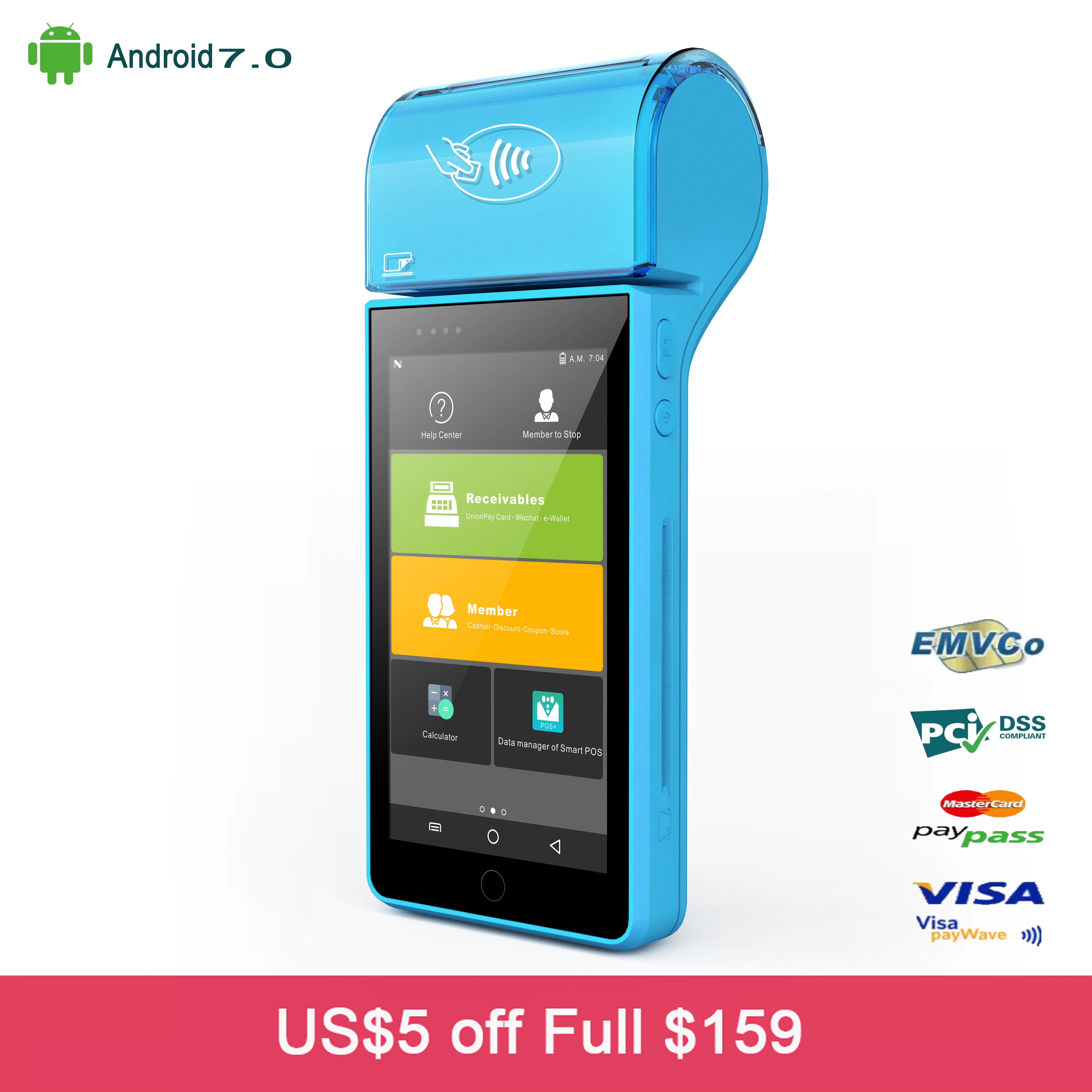 Android 7 0 Новое поступление MTK8735 Bluetooh Wifi 4G POS карта терминала Reader 58 мм билетов принтер
