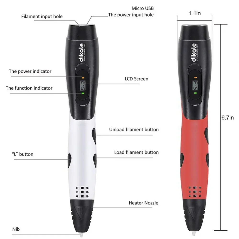 

dikale 1.75mm PLA DIY 3D Printing Pen LED Screen 3D Pen Painting Pen+Filament Creative Toy Gift for Kids Design Drawing