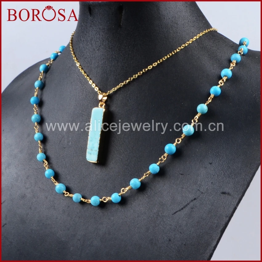 Женское прямоугольное ожерелье BOROSA золотистого цвета с круглым камнем Howlite и 6 мм