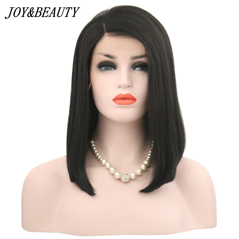 JOY& BEAUTY 14 дюймов синтетический парик на кружеве для женщин натуральный черный прямые волосы короткий боб парик термостойкие искусственные волосы парики