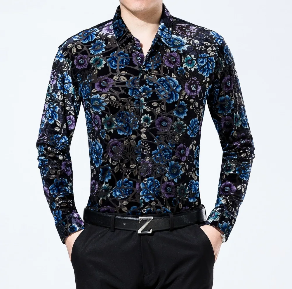 Мужская осенне-зимняя Цветочная рубашка с длинным рукавом прозрачная Золотая