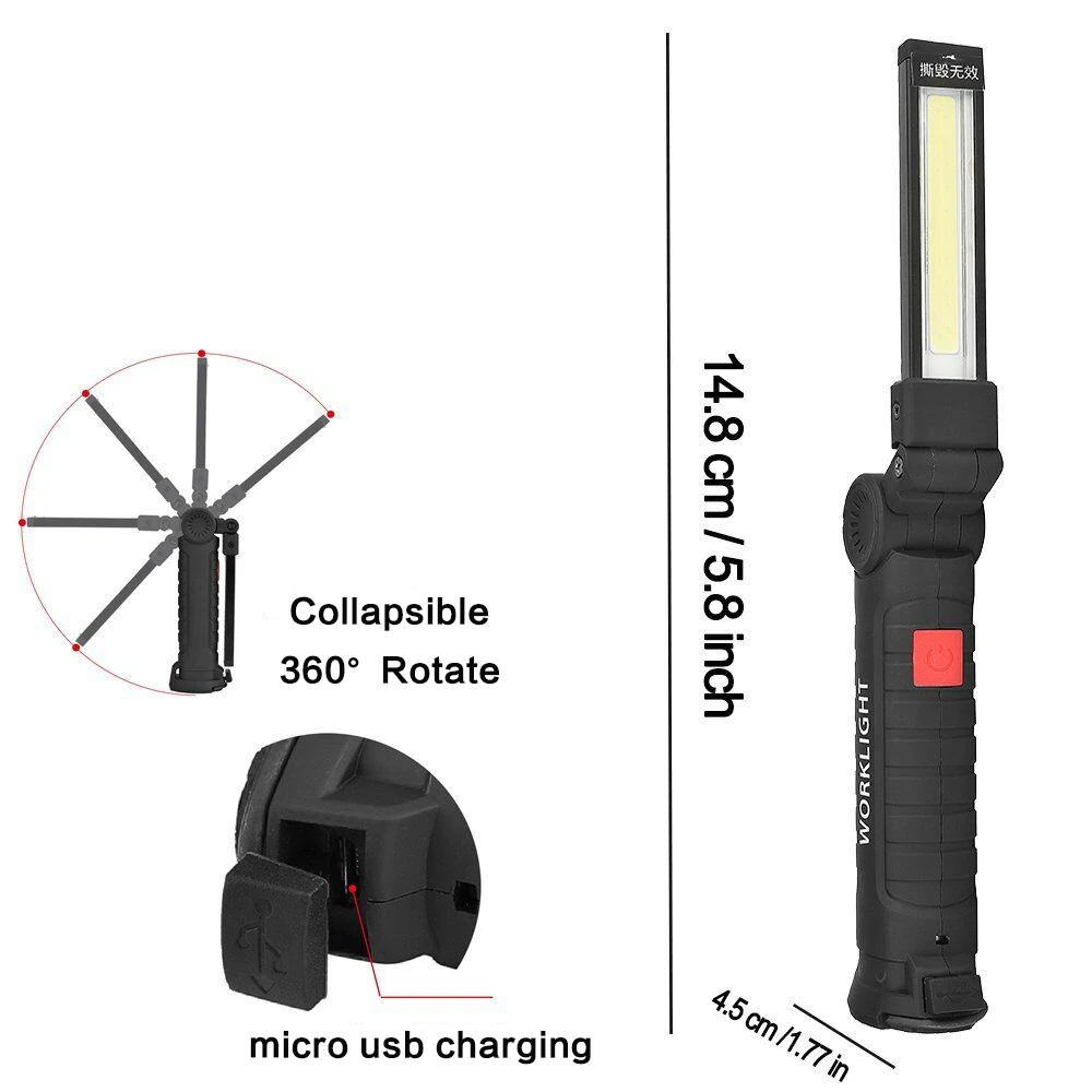 2 шт. портативный 5 режимов COB фонарик USB Перезаряжаемый светодиодный рабочий свет