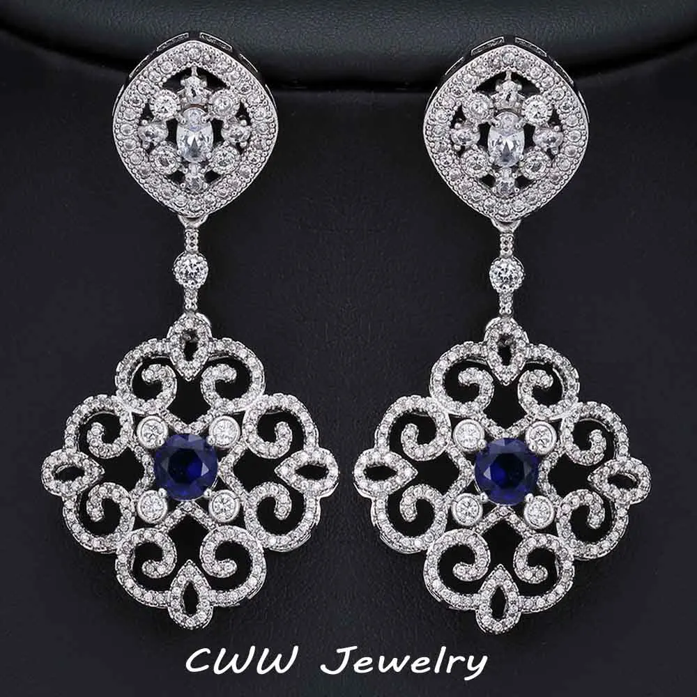 blue CWWZircons брендовые винтажные Разноцветные зеленые красные синие кубические циркониевые большие длинные роскошные серьги для женщин Свадебные ювелирные изделия CZ236 - Окраска металла: blue