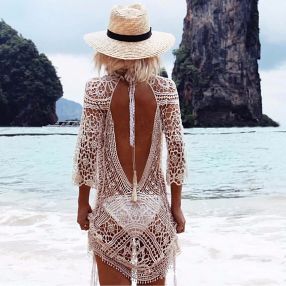 Женское кружевное пляжное платье с открытой спиной повседневное белое ажурное