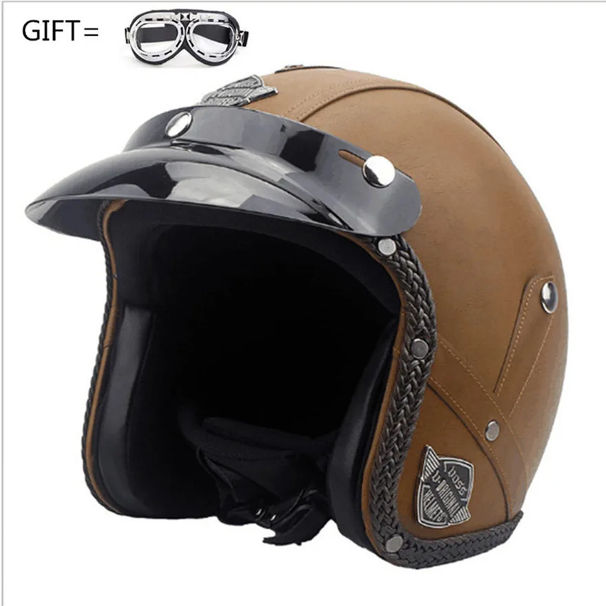 Plain leather Мотоциклетный шлем Ретро Винтаж Синтетическая кожа Casco Moto Cruiser Chopper скутер Кафе Racer 3/4 открытый шлем DOT - Цвет: Plain leather