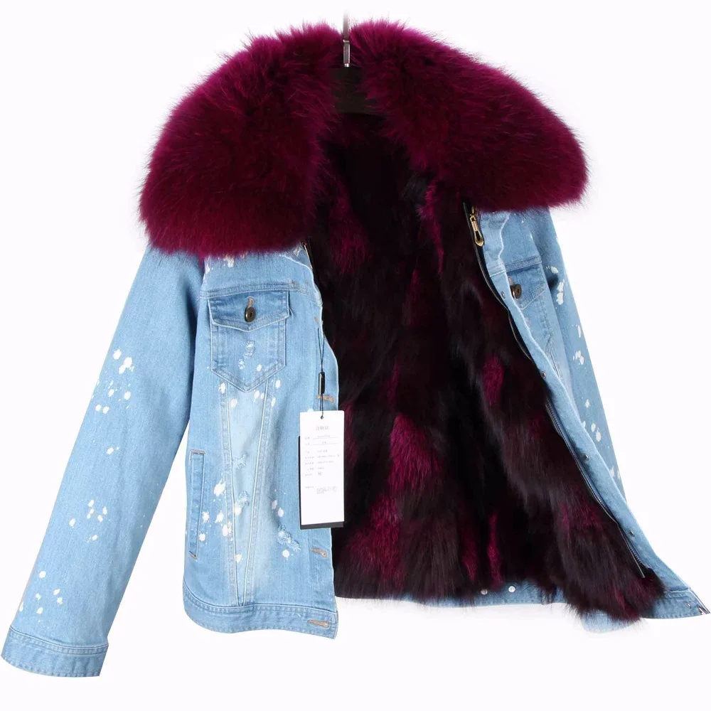 2022 Girl Coat Woman Autumn Winter Short Denim Jacket Real Fox Fur Coats Female Detachable Collar pelliccia donna ecologica