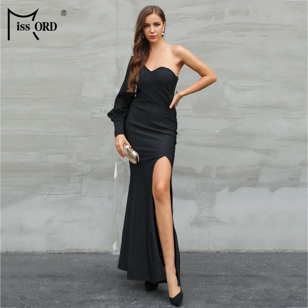 MIssord 2019 Sexy бретелек одна сторона с пышными рукавами одно разделение бинты Макси