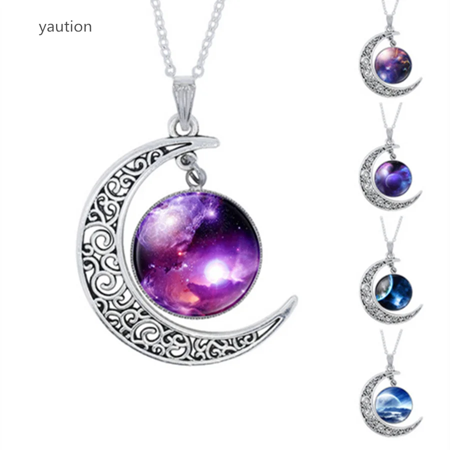 

YAUTION Fashion Purple Nebula Space Universe Women Galaxy Crescent Moon Necklace Silver Plated Half Moon Pendant Necklace
