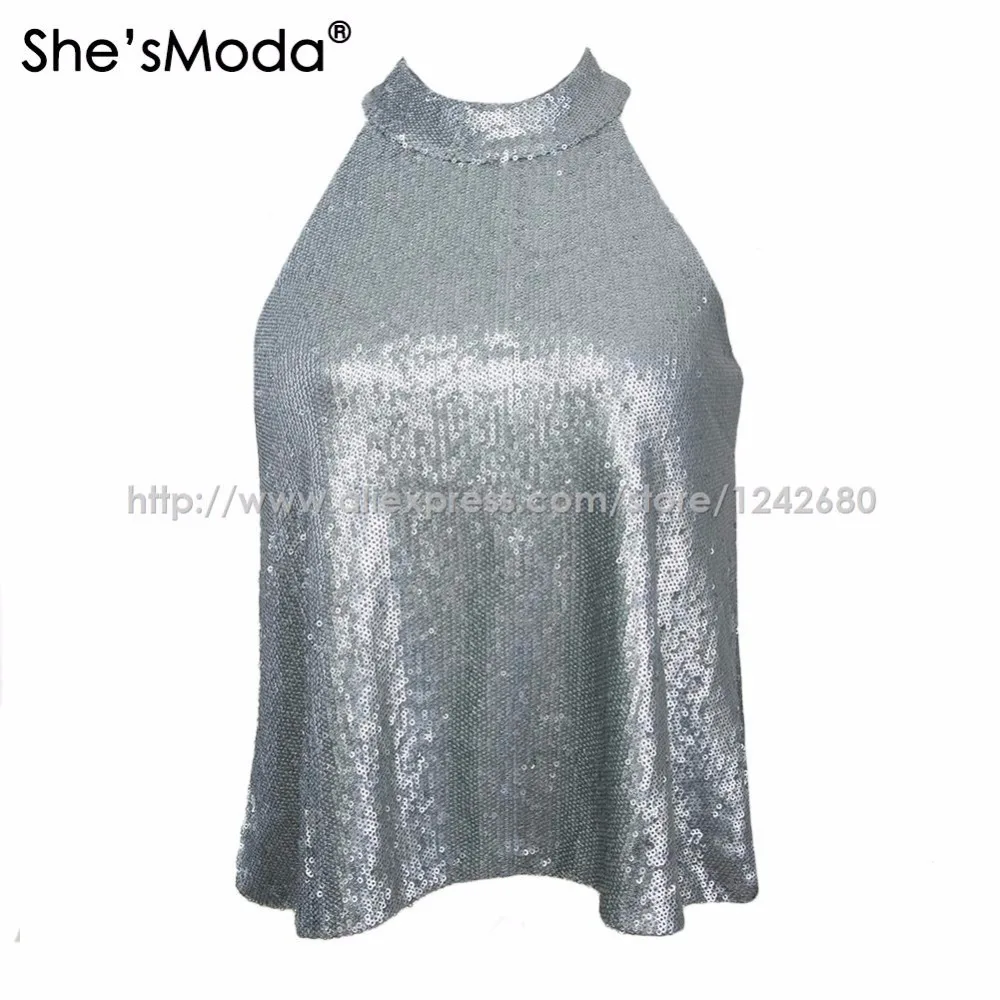 She'sModa Biling Sequins Gold Холтер Топ женские спандекс Клубные вечерние майки жилет