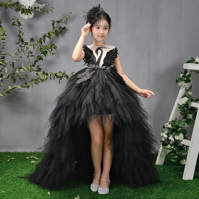 Luxury Long Trailing Flower Girl Dresses Beading Ball Gown Kids Pageant Dress Birthday Stunning Swan Feather Princess B106 | Детская