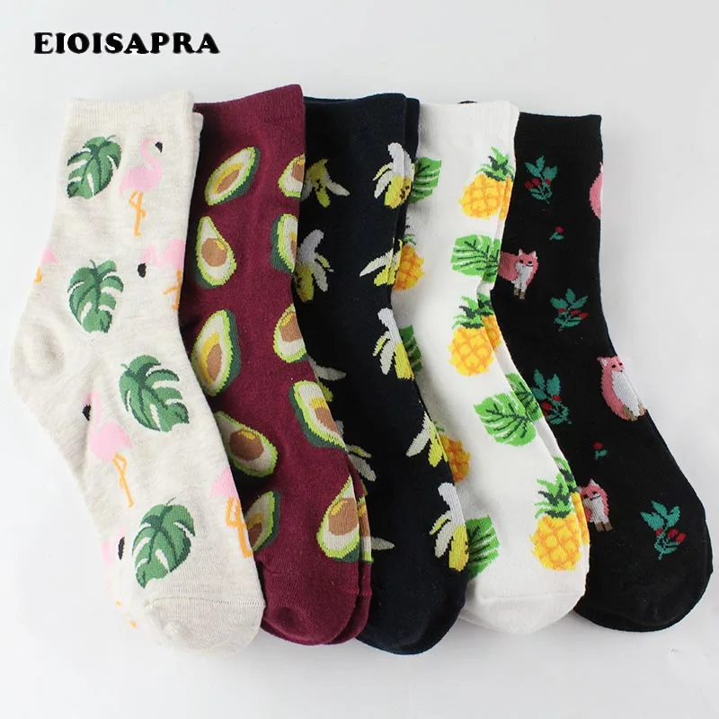 

[EIOISAPRA]Fresh Fruit Banana/Avocado Socks Animal Gardenias Flamingos Plumerias Scoks Women Harajuku Print Art Calcetines Mujer