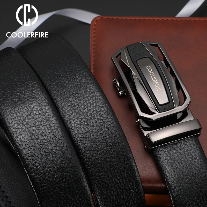 Мужской ремень с автоматической пряжкой черный дизайнерский из натуральной кожи