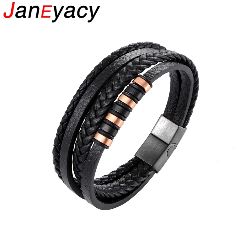 

2019 New Trendy Genuine Leather Bracelet Men Stainless Steel Bracelets Multilayer Braided Rope Chain for Male Jewelry Classic