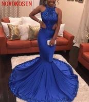 stunning royal blue mermaid 2019 sequined african evening party dresses backless halter satin formal gown