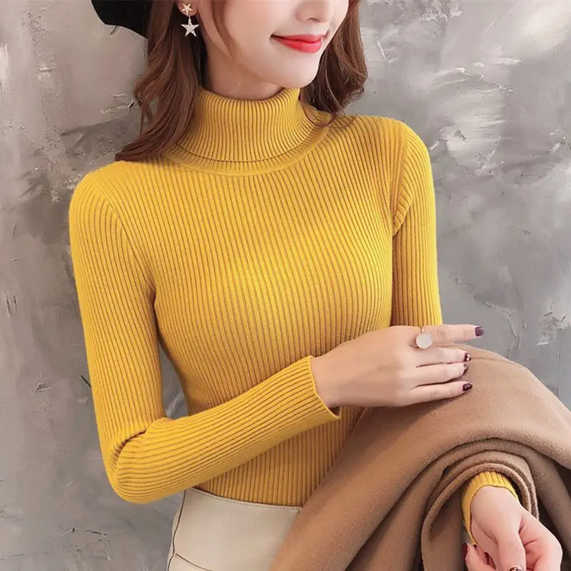 Цвет: желтый Turtleneck Warm Women Sweater Autumn Casual Korean Winter Knitted Femme Pull High Elastic Female Basic Pullovers Sweater - Цвет: Цвет: желтый