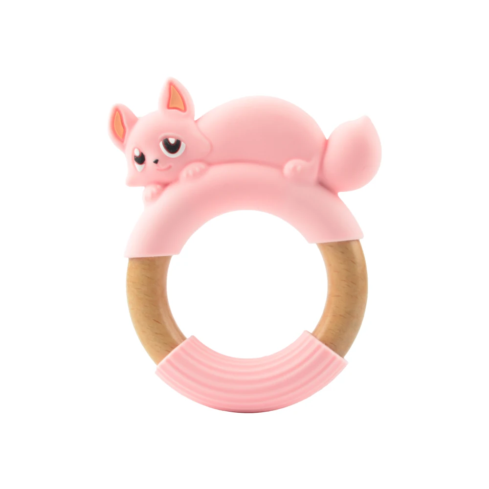 Silicone Fox Panda Teether Wooden Ring BPA Free Nursing Accessories Chewable Wooden Baby Teethers Natural Safe Necklace Bracelet - Цвет: rose quartz