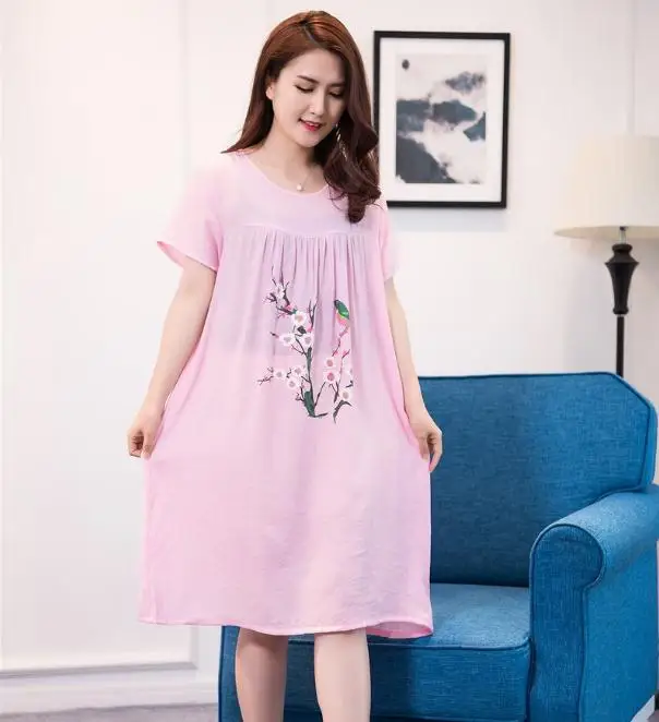pink 1 Летние новые женские пижамы с круглым вырезом удобные с короткими рукавами ночная рубашка Свободные хлопчатобумажные рубашки пижамы плюс размер - Цвет: pink 1