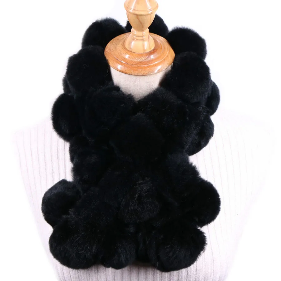 Black YWMQFUR, женский зимний винтажный меховой шарф, Одноцветный, женский, теплый, утолщенный, шарфы из натурального меха кролика Рекс, шарики,, новое поступление - Цвет: Black