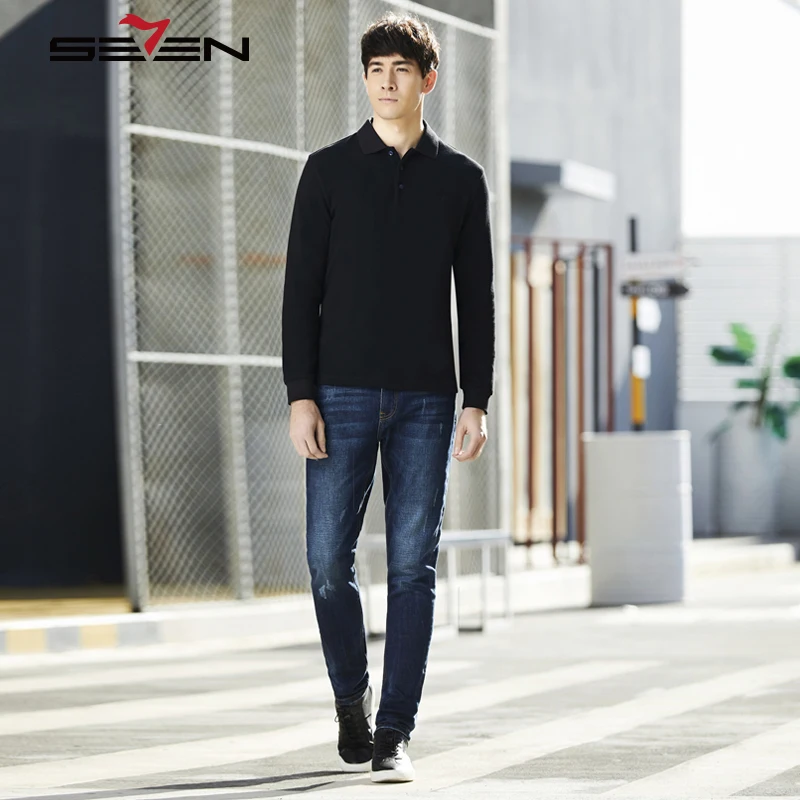 Seven7 бренд бизнес модные рубашки поло с длинным рукавом сплошной черный узор