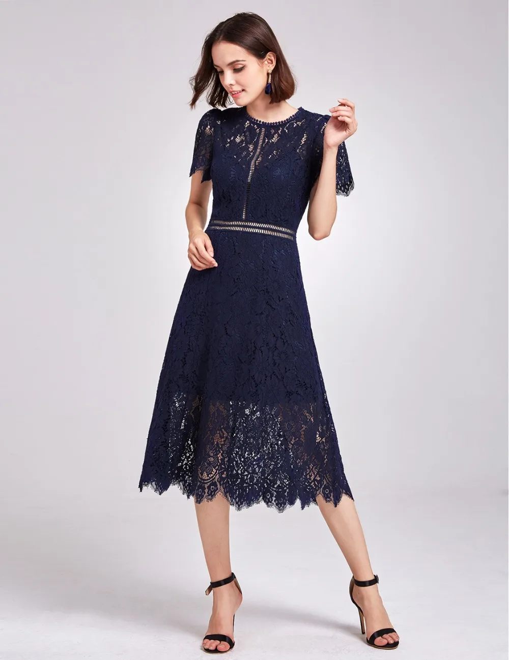 Новое Поступление Коктейльные платья Ever Pretty AS05921NB женские Дешевые трапециевидные кружевные платья с коротким рукавом и вырезами размера плюс Скромные Вечерние платья