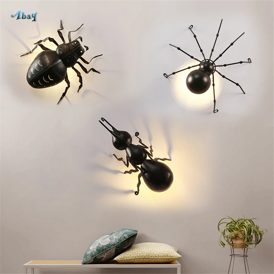Lámparas de pared con forma de hormiga de araña para Bar, decoración Industrial, sala de estar, regalo del Día de los inocentes, arte de hierro, Led, insectos, luces de pared