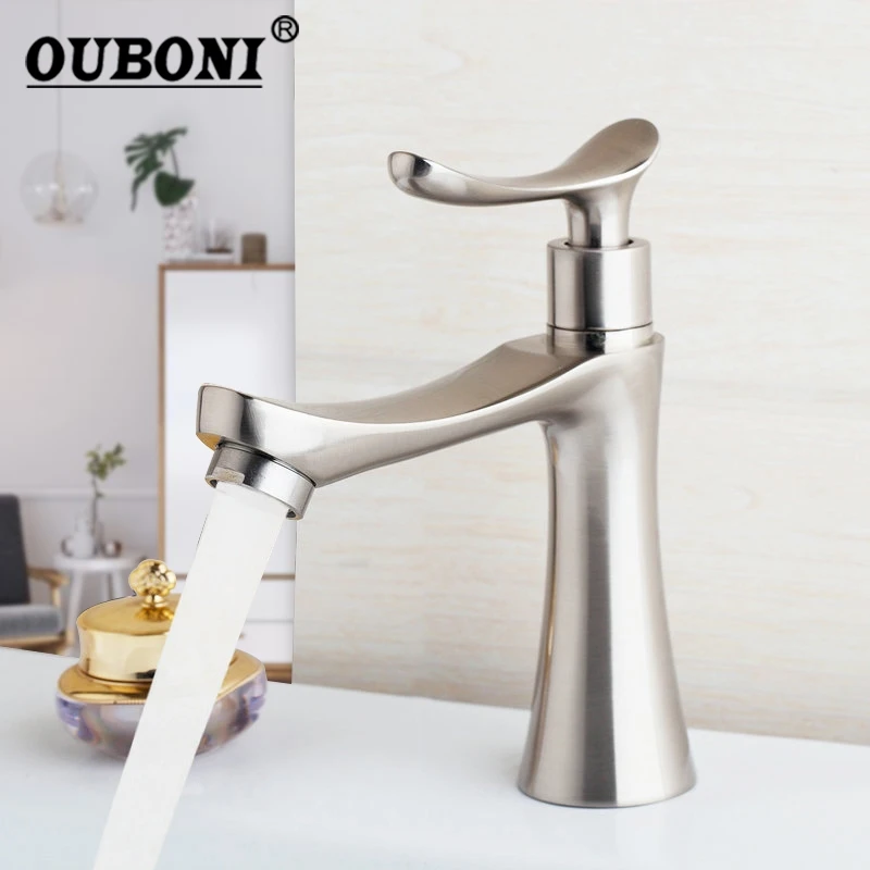 

OUBONI Bathroom Sink Deck Mounted Single Cold Faucet Bathroom Basin Sink Faucets Nickel Brushed Stream Spout Tap