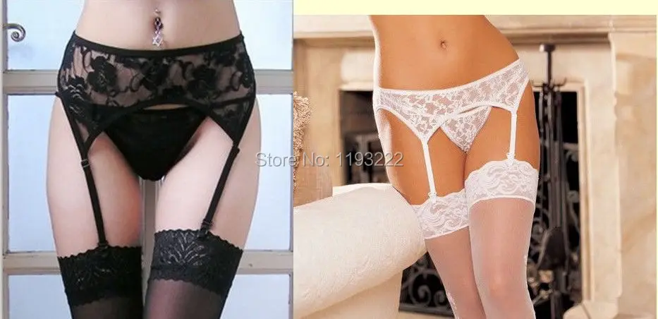Модный сексуальный черный белый кружевной Цветочный Пояс для чулок + стринги 4