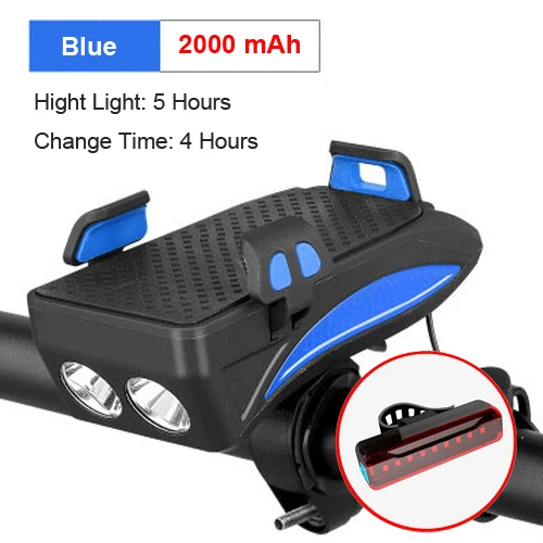 2000 Blue taillight NEWBOLER велосипедный фонарь с зарядным аккумулятором, USB Перезаряжаемый фонарик, держатель для телефона, велосипедный фонарь, 4000 мАч, велосипедный рог, светодиодный свет - Color: 2000 Blue taillight