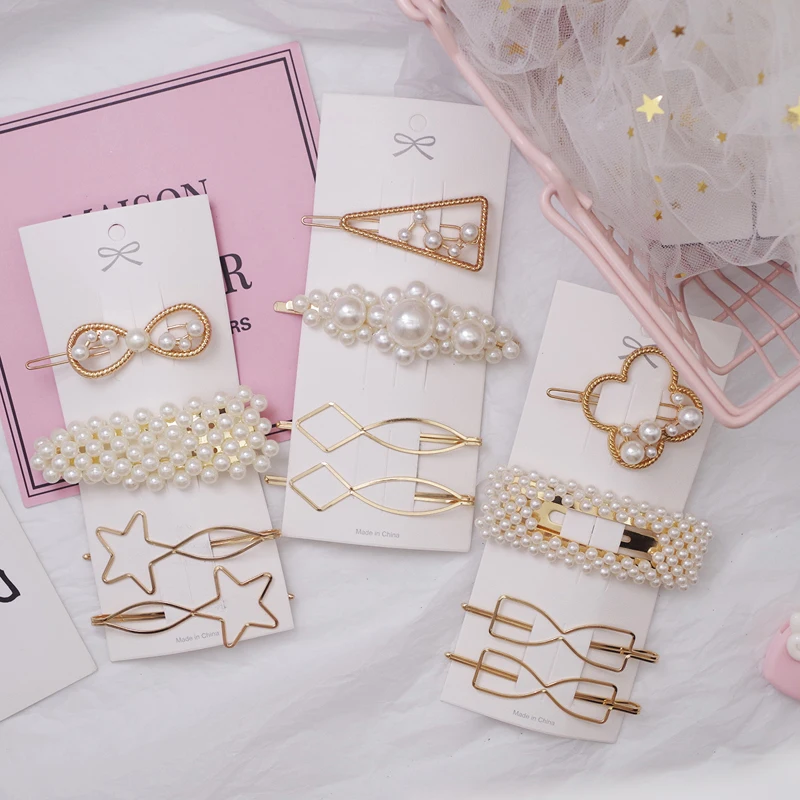 4Pcs/set New Women Pearls Hairpins Headwear Set Girls Cute Star Bow Flower Metal Hair Clips Geometric Accessories Female |