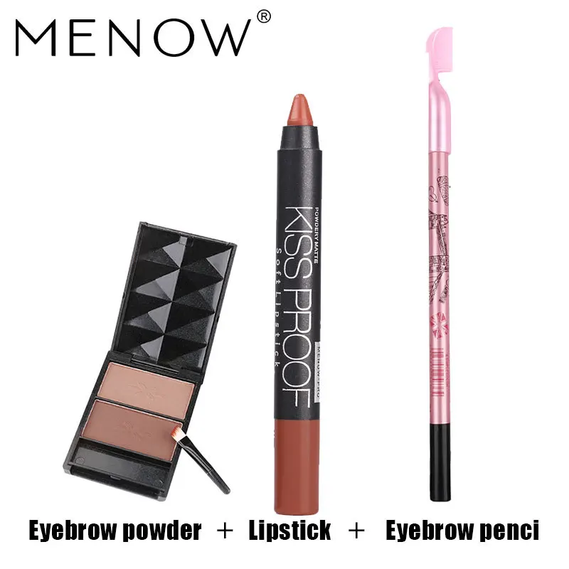 Комплект косметики бренда MENOW "Горячая продажа" с расческой и карандашом для бровей, упакованный в натуральный трехмерный поцелуй-устойчивую помаду 5357.