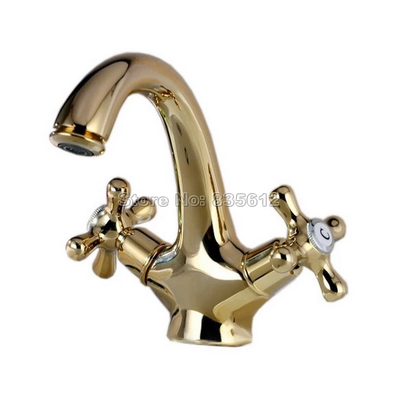 

Золотой латунный двойной кран с поперечной ручкой для ванной комнаты, смеситель для раковины, краны на бортике Wgf006
