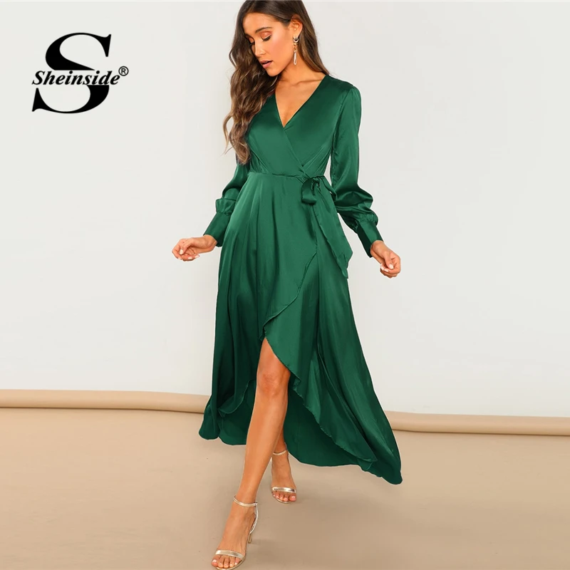 Sheinside, зеленое платье с v-образным вырезом и поясом, элегантное ТРАПЕЦИЕВИДНОЕ ПЛАТЬЕ С Длинным Рукавом, женские платья, модные вечерние платья, женское Платье Макси