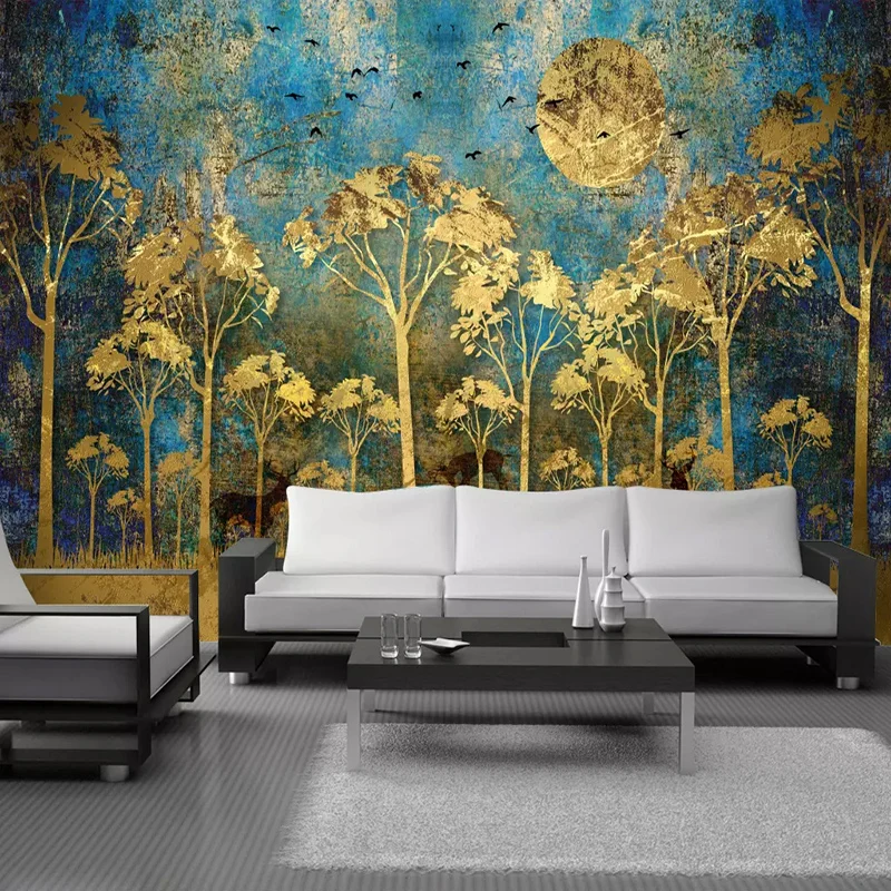 Custom Mural Wall Painting Chinese Style Abstract Golden Forest Tree Bird Deer Photo Wallpaper Living Room Sofa Bedroom Wall Art