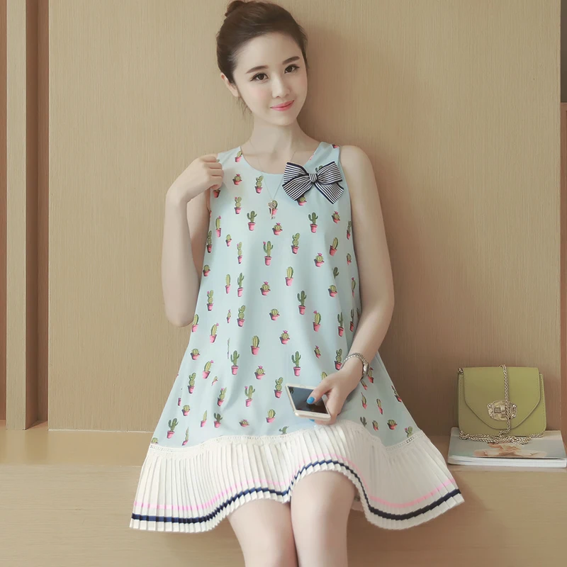 Maternity clothing chiffon one-piece dress casual sweet maternity tank o-neck medium-long sleeveless YF357 | Мать и ребенок