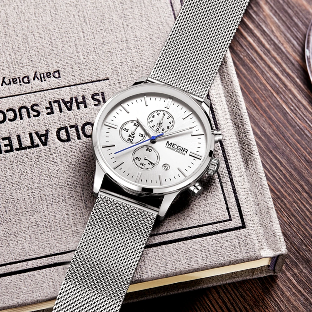 Мужские наручные часы MEGIR черные с хронографом и стальным ремешком деловые