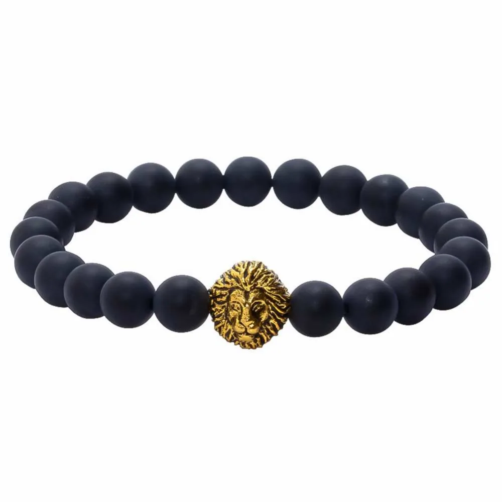 Мужской браслет из натурального черного матового оникса золотистый с подвеской