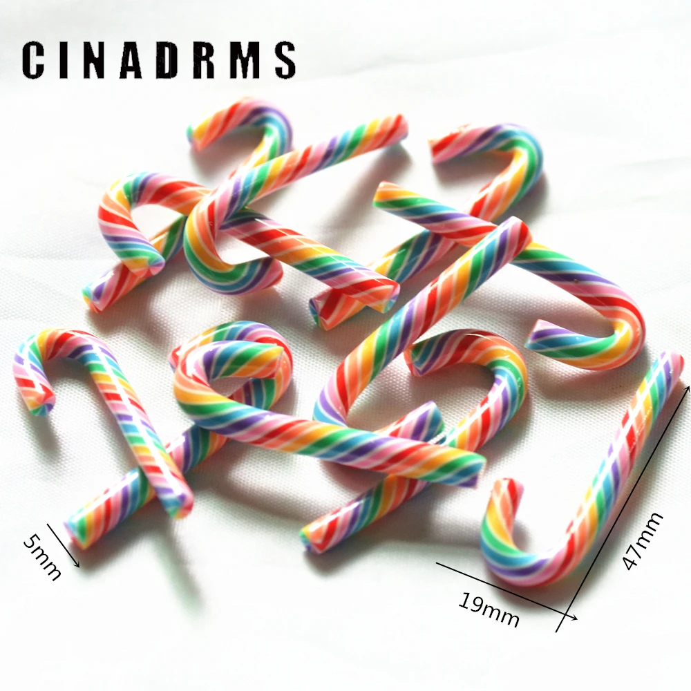 

10PCS 47mmX19mm Rainbow Stripe Soft Clay Christmas Cane Candy,Christams Party Embellishments,Christmas Decoration Miniatures