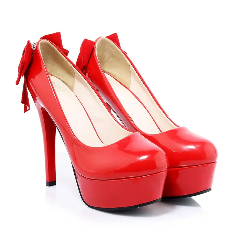 2017 Женщины Насосы Спайк Высокие Каблуки Платформы Круглый Toe Патент кожа Лук