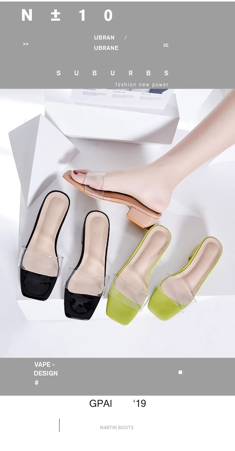 Women Slippers Summer PVC Transparent Jelly Color Square Heel Slides Flip Flops Vacation Casual Ladies Fashion Slip on Flat