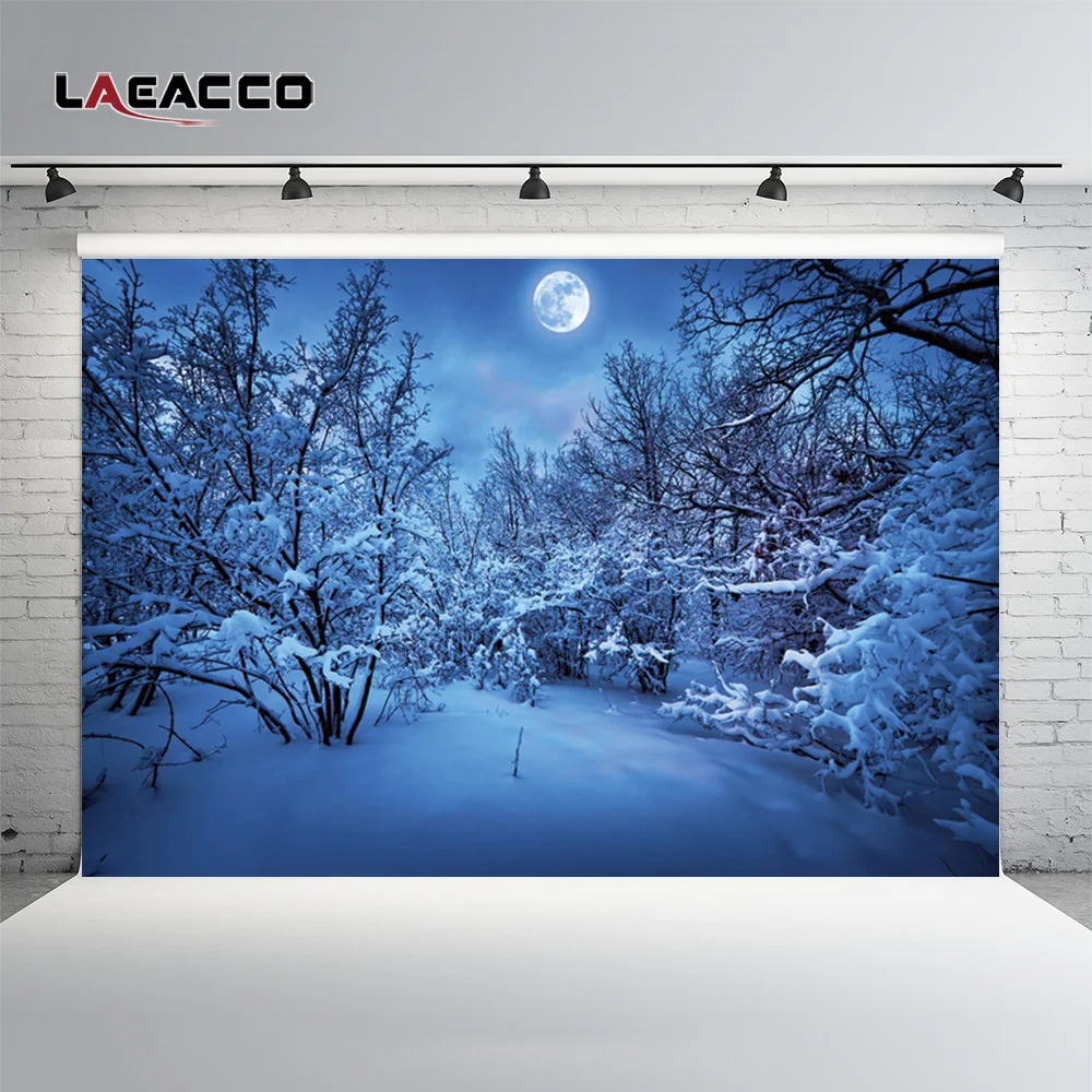 Laeacco Winter Snow Moon Night Forest Tree Scenic Photography Backgrounds Vinyl Custom Photographic Backdrops For Photo Studio |