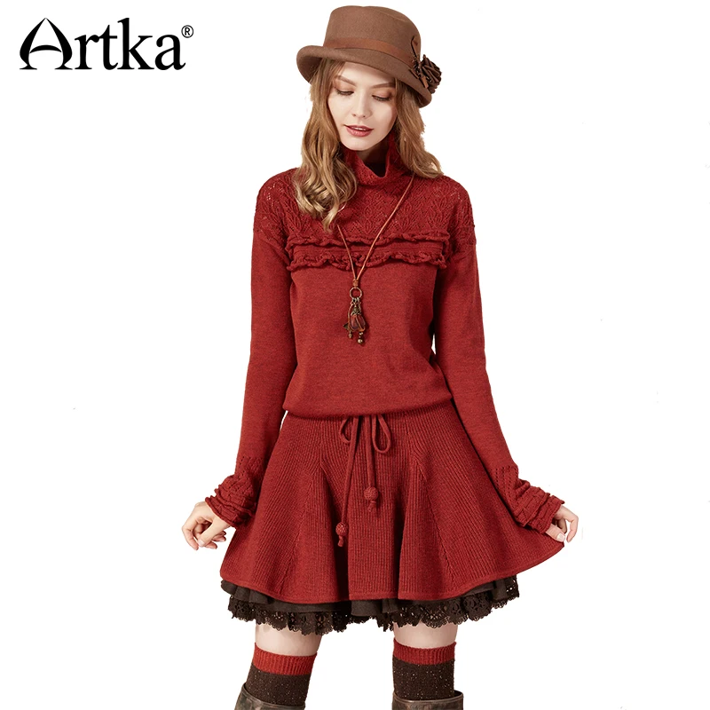 Женское шерстяное платье-свитер ARTKA длинное кружевное платье-пуловер с оборками