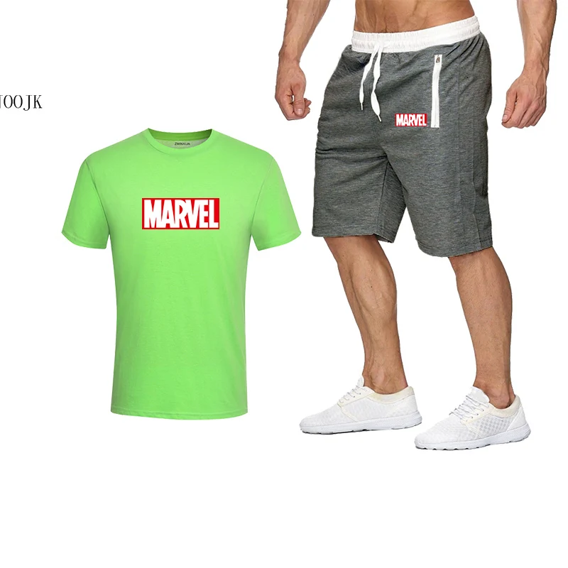 2019 Бесплатная доставка комплекты MARVEL с принтом Мужские футболки + штаны из двух