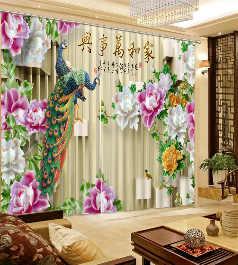 

Grommets or Hooks Chinese style Peacock print Luxury 3D Curtain For Bedroom Window Curtains For Living Room Blackout