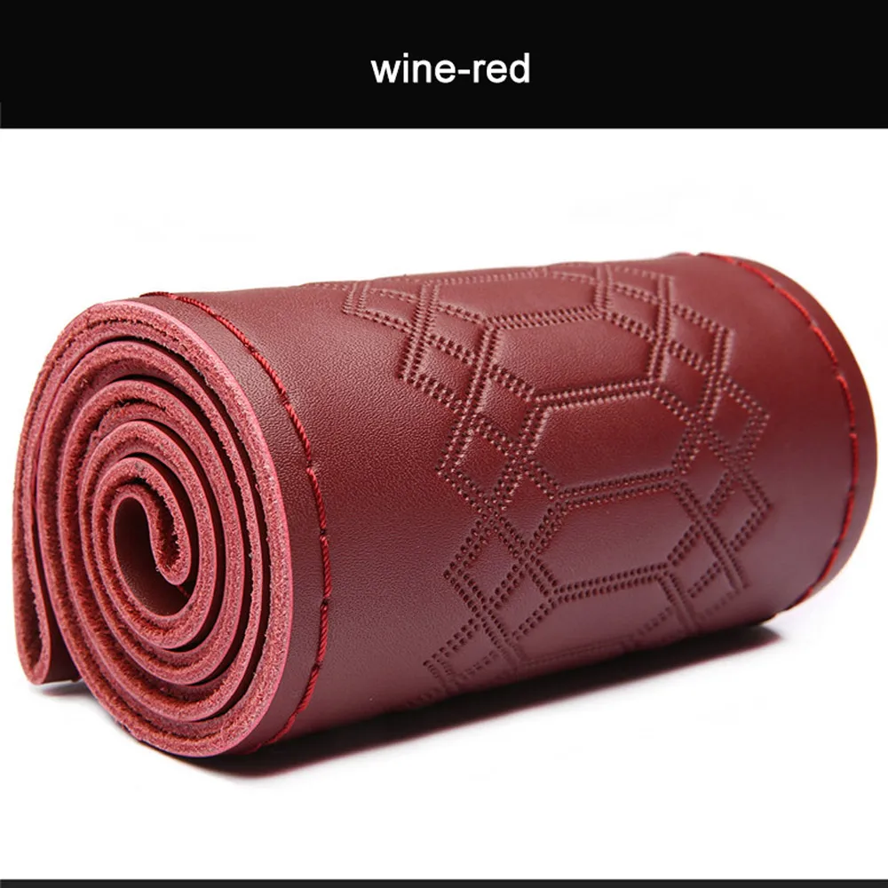 wine-red Кожаные чехлы ручной работы на руль, модные тисненые 38 см универсальные чехлы из натуральной коровьей кожи для автомобиля, Нескользящие износостойкие - Название цвета: wine-red