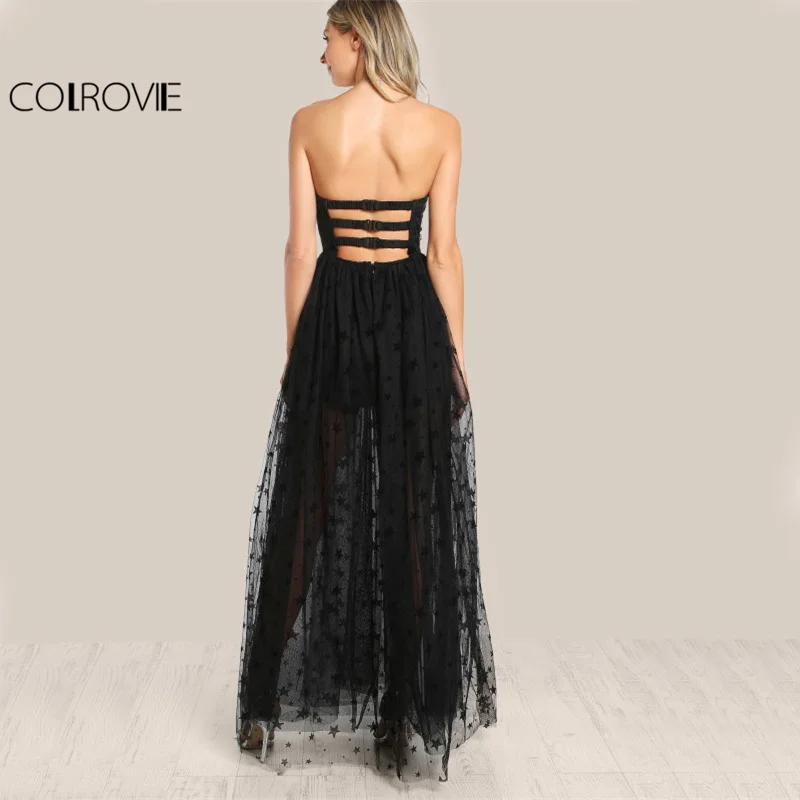 COLROVIE, черное сексуальное бюстье, вечерние платья, звезда, флок, милое женское Сетчатое платье макси, летнее платье без бретелек, Прозрачное платье с вырезами