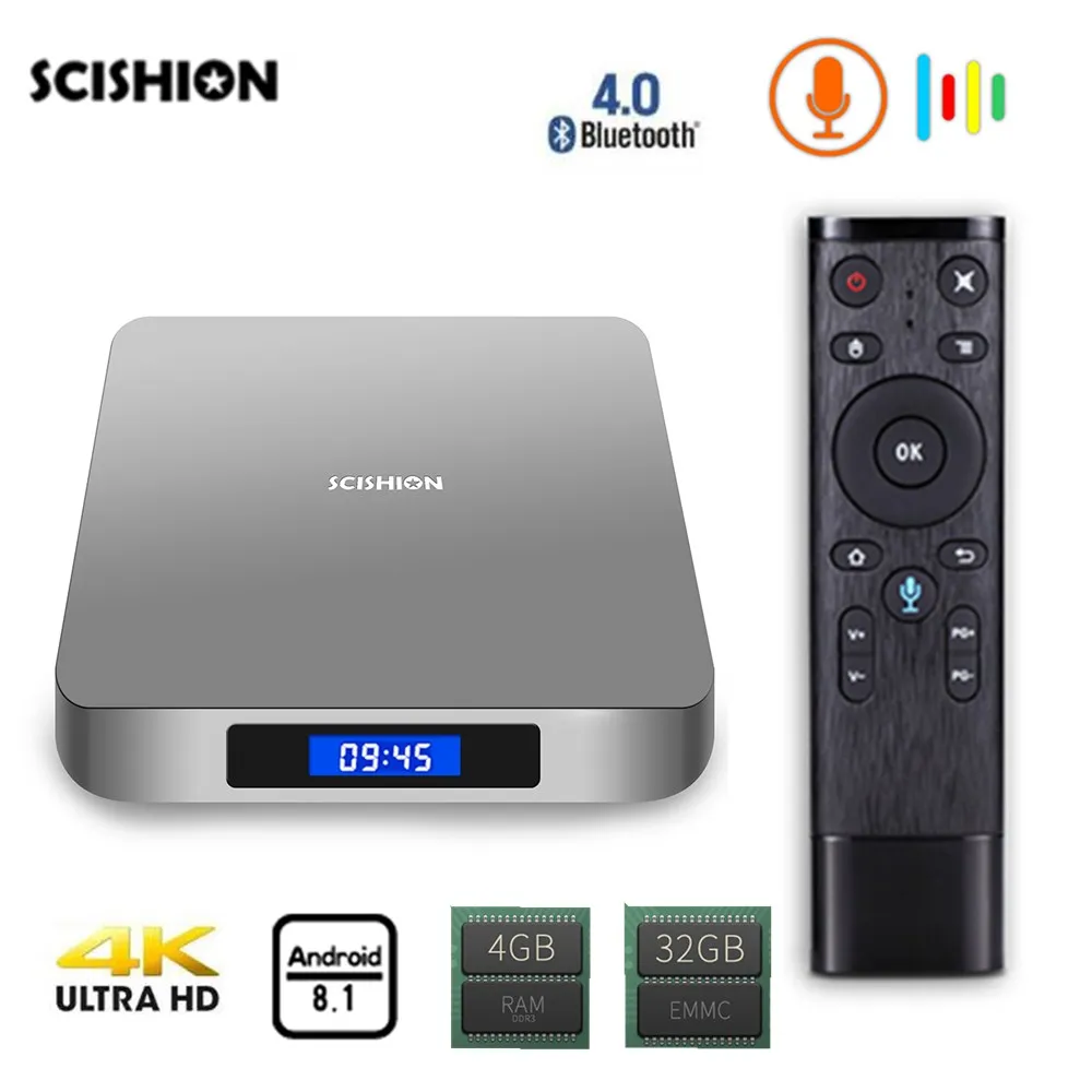SCISHION AI One Смарт ТВ приставка Android 8 1 Rockchip 3328 2 Гб ОЗУ 16 ПЗУ 4G WiFi USB3.0 BT4.0 Голосовое