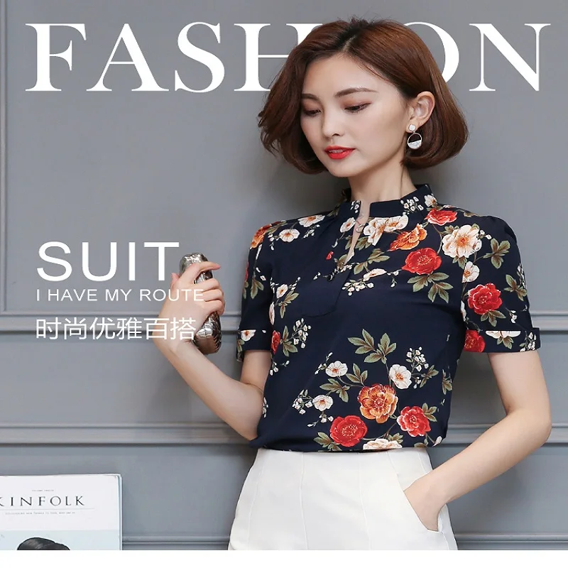 Guorong Офисные женские туфли с коротким рукавом Шифоновая блузка отложным