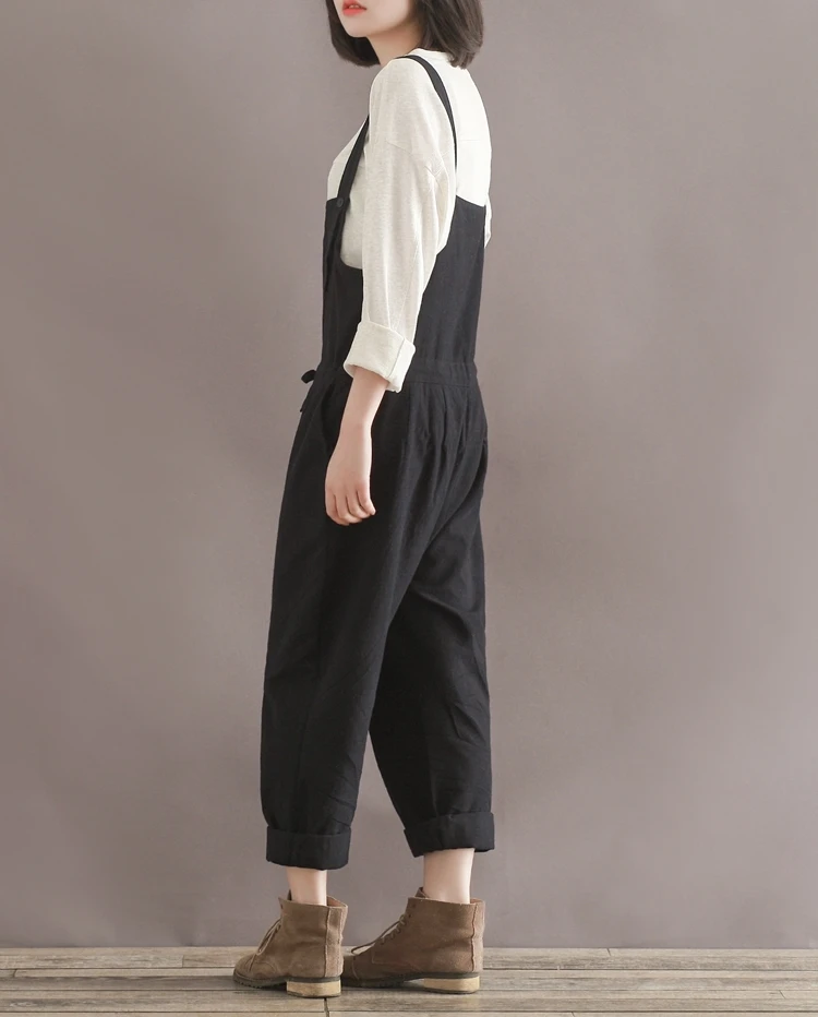 

New Fashion Plus Size Casual Black Cotton Linen Overalls Pants Women Students Slim Wide Leg Harem Rompers Pants Pantalones