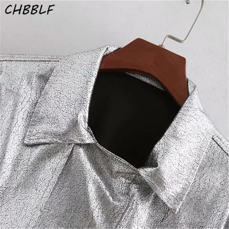 CHBBLF женские стильные серебряные короткие куртки блестящие мото Байкерский стиль